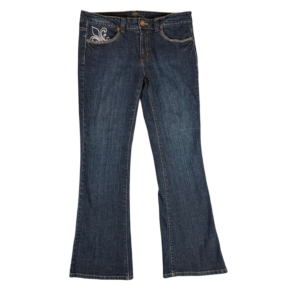US Polo Assn Womens Dark Wash Bootcut Jeans Embroidered Fleur De Lis Size 10